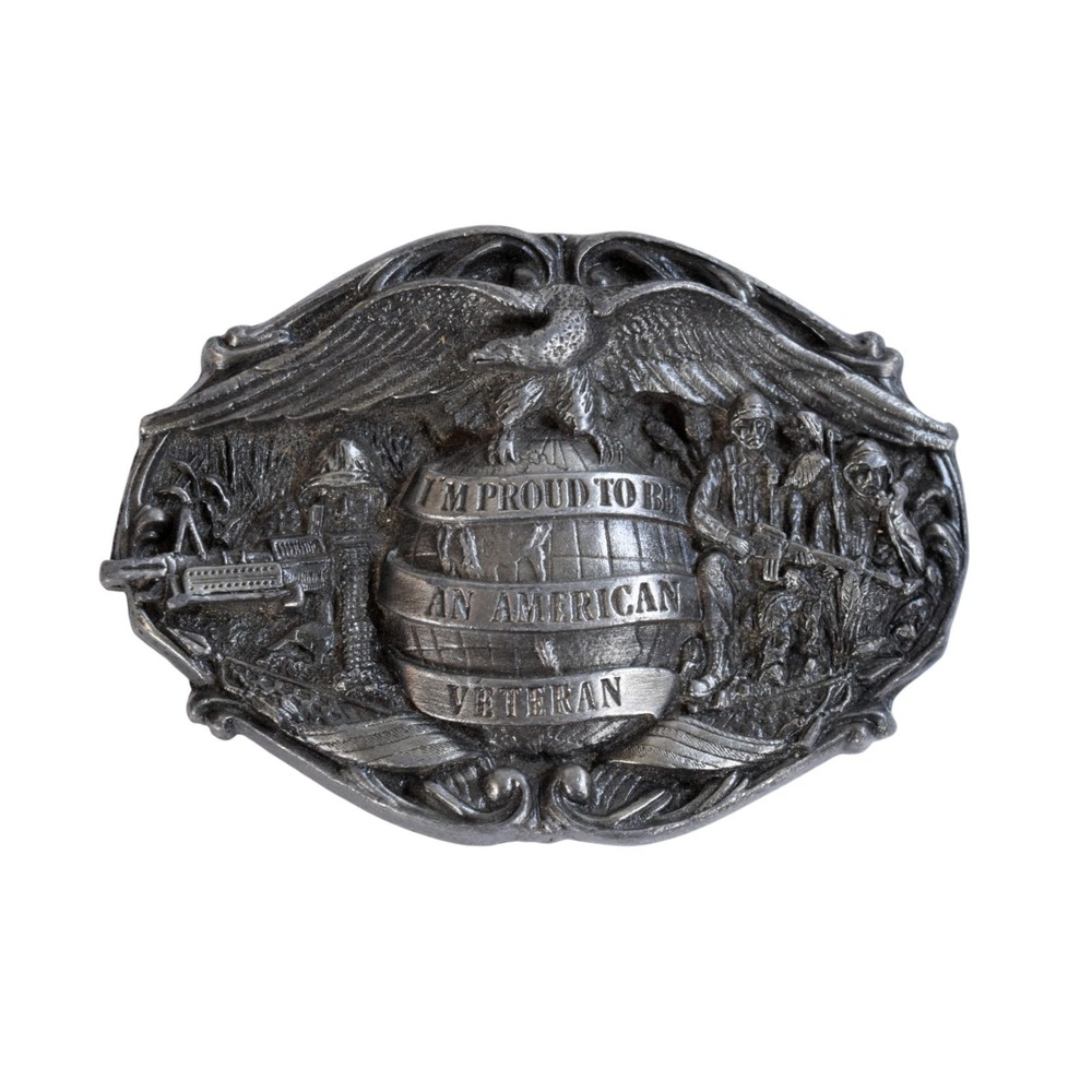 VTG 1986 Bergamot "I'm Proud to be an American Veteran" Pewter Belt Buckle - USA